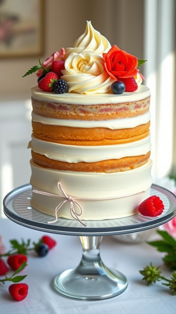 A moist vanilla layer cake with buttercream frosting and fresh berries on a cake stand.